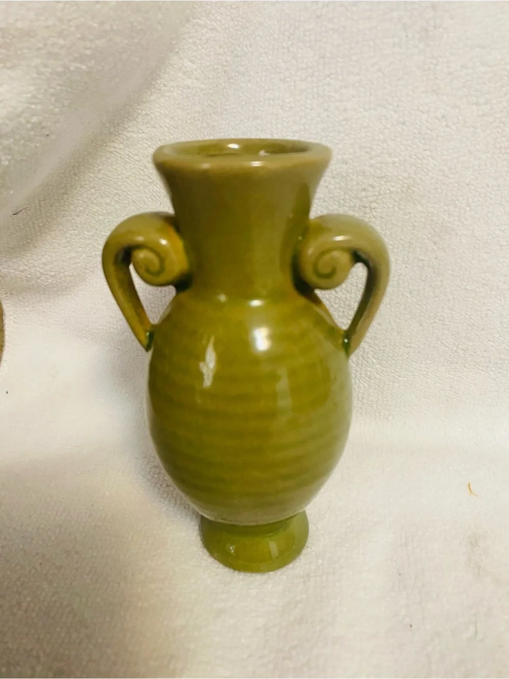 VNTG Mini Olive Green Celadon Ceramic Bud Vase Double Handle Ribbed